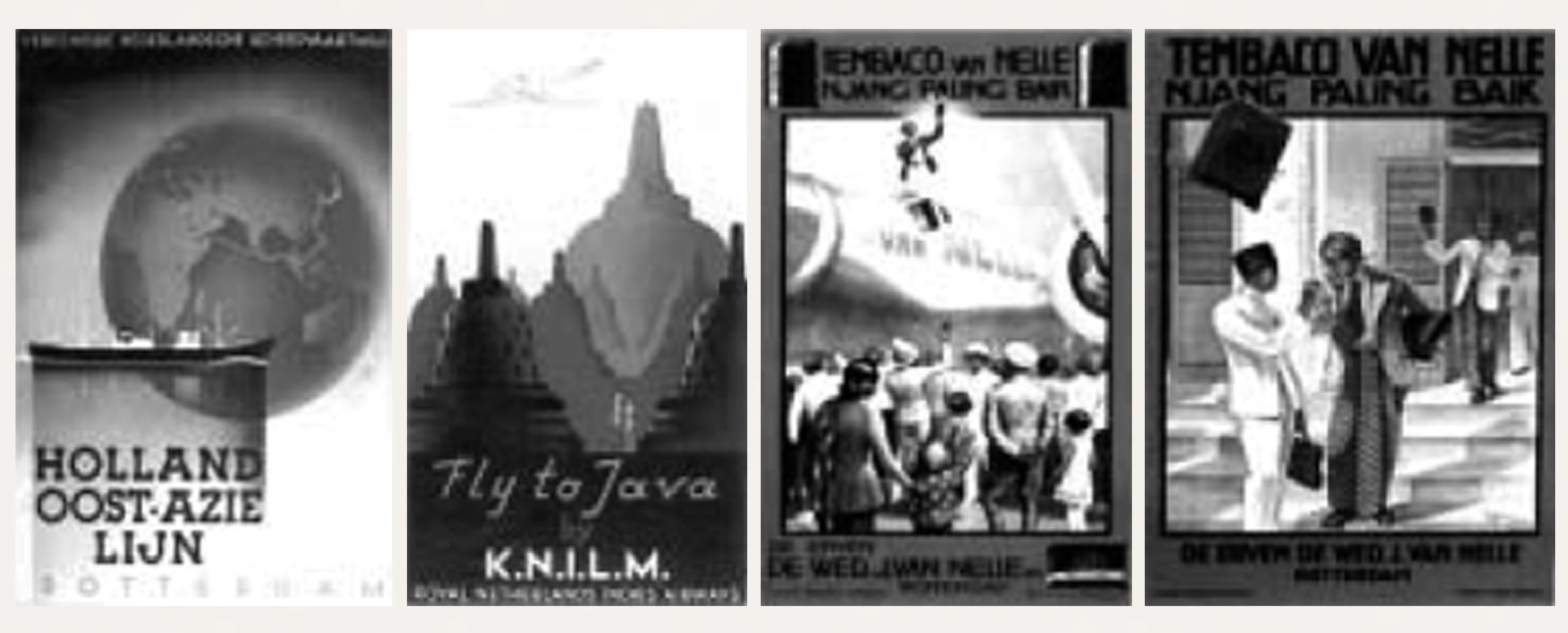 Gambar 2. (a & b) Iklan wisata "Holland Oost-Azie Lijn" karya J.Lavies tahun 1937 dan iklan wisata "Fly to Java by KNILM" karya J. Lavies tahun 1937; (c & d) Iklan "Tembaco van Nelle" karya M. van Meerteren Brouwer tahun 1932.