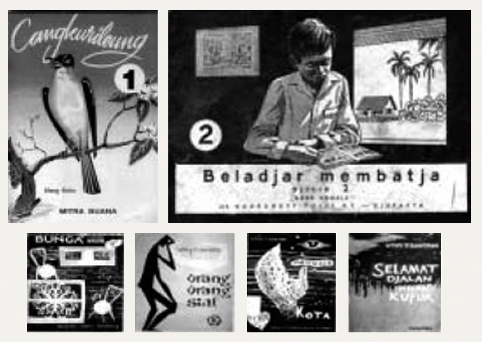 Gambar 8. (a) Kulit muka buku "Cangkurileung" digambar oleh Nanang Durachman tahun 1960-an, dicetak ulang hingga lima kali; (b) Kulit muka buku "Beladjar Membatja" untuk siswa sekolah dasar dicetak tahun 1953; (c, d, e & f) Kulit muka sejumlah buku yang terbit tahun 1960 dengan ilustrasi bergaya "Jengki".