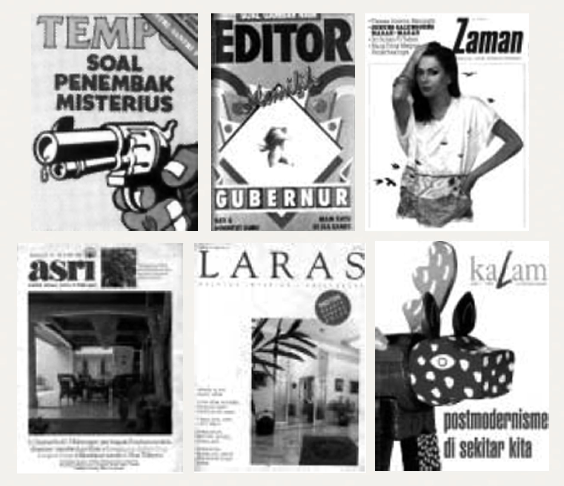 Gambar 9. (a) Kulit muka majalah "Tempo" tahun 1970-an; (b) Kulit muka majalah "Editor" tahun 1980-an; (c) Kulit muka majalah "Zaman" tahun 1980-an; (d) Kulit majalah "ASRI" tahun 1980-an; (e) Kulit majalah "LARAS" tahun 1980-an (f) Kulit muka majalah "Kalam" tahun 1990-an.