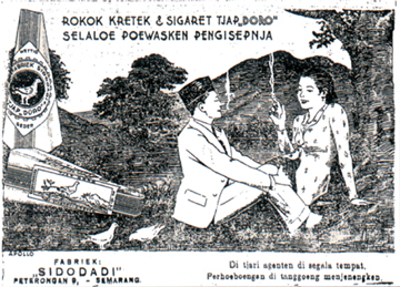 Iklan rokok cap “Doro” tahun 1931, menampilkan sosok wanita bercengkerama dengan pria di alam bebas sambil menghisap rokok. (Sumber: Buku Sejarah Periklanan Indonesia, PPPI)