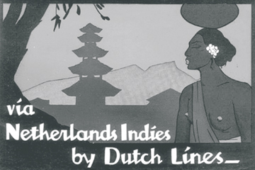 Promosi penerbangan Dutch Lines ke Hindia Belanda, menawarkan eksotika timur dengan latar belakang rumah Dewa dan perempuan Bali. (Sumber: Lavis Flicker Documentary)