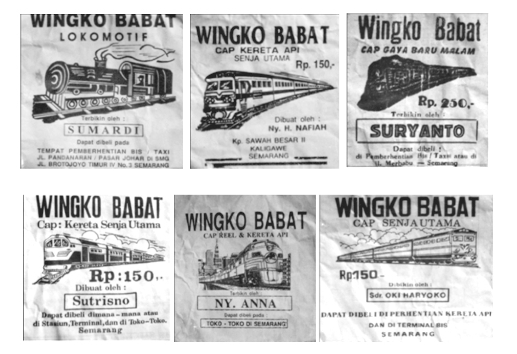 Merek-merek kemasan Wingko Babat bernuansa kereta api.  (Sumber: Afnita, 2010:102)
