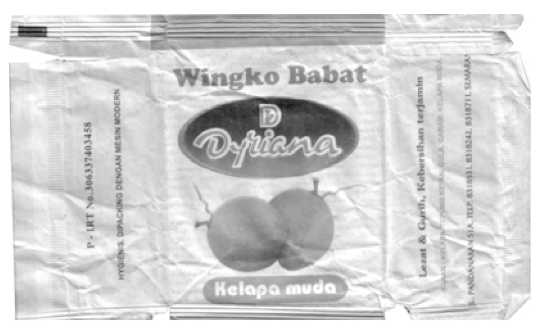 Wingko Babat merek Dyriana yang dikemas dengan mesin modern, menggunakan kertas khusus untuk makanan (kedap udara dan air, dan makanan jadi awet untuk beberapa hari, karena Wingko Babat terbuat dari kelapa dan mudah basi dalam beberapa hari).  (Sumber: Afnita, 2010:132)